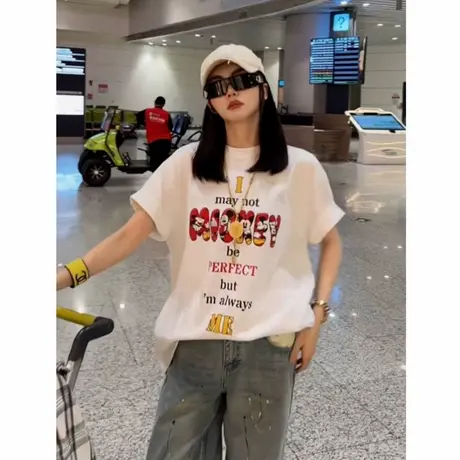 潮酷设计感白色印花圆领短袖t恤女美式夏季新款宽松百搭显瘦上衣图片