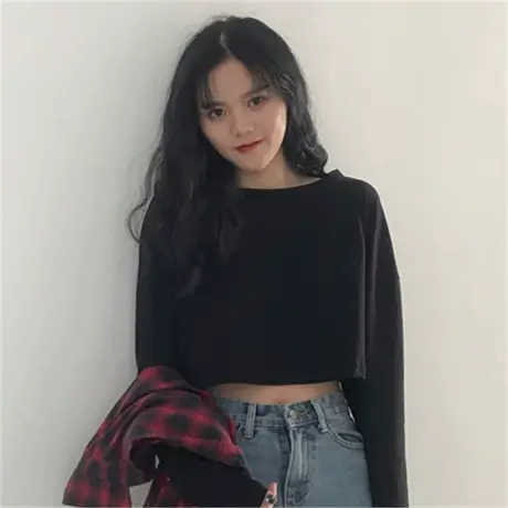 港风纯色宽松高腰短款爵士T恤女长袖mayjlee同款露脐jazz跳舞上衣图片