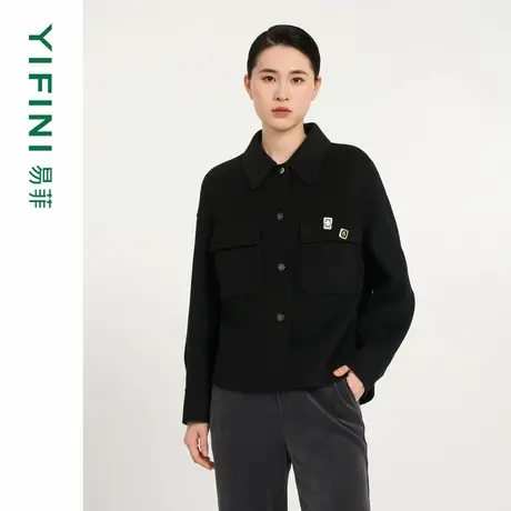 [专柜同款]Yifini/易菲衬衫式宽松短款双面呢外套女通勤气质上衣图片