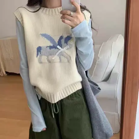 学院风针织马甲女秋季新款宽松叠穿可爱提花卡通毛衣背心坎肩外穿商品大图