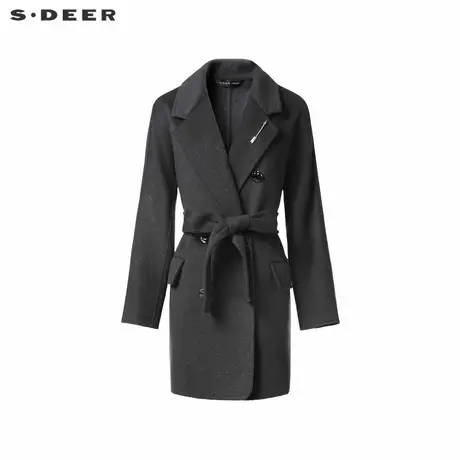 sdeer圣迪奥冬季女装西装领双排扣收腰双面呢中长款大衣S24482609商品大图