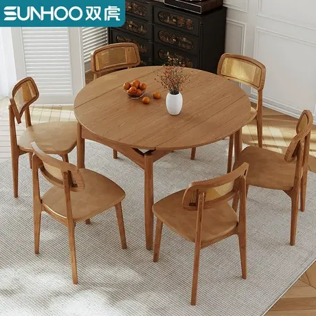 实木餐桌可变圆桌家用可伸缩折叠橡胶木现代简约吃饭桌小户型117商品大图