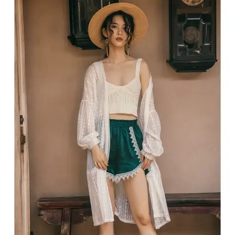 弥古白色蕾丝镂空开衫外套薄款女夏中长款海边防晒衫外搭沙滩罩衫商品大图