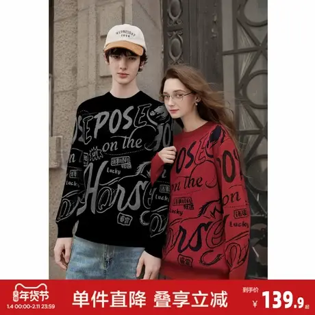 唐狮2026秋冬情侣同码圆领满印大文字图案毛线衫休闲宽松百搭图片