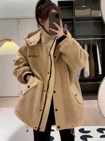 连帽羊羔毛外套女秋冬季2023新款加厚夹棉小个子中长款摇粒绒上衣商品大图