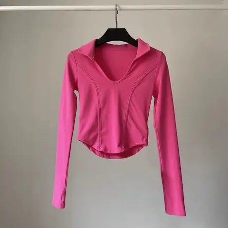 性感纯欲风鱼骨长袖T恤女春秋洋气韩版修身短款内搭V领POLO衫上衣商品大图