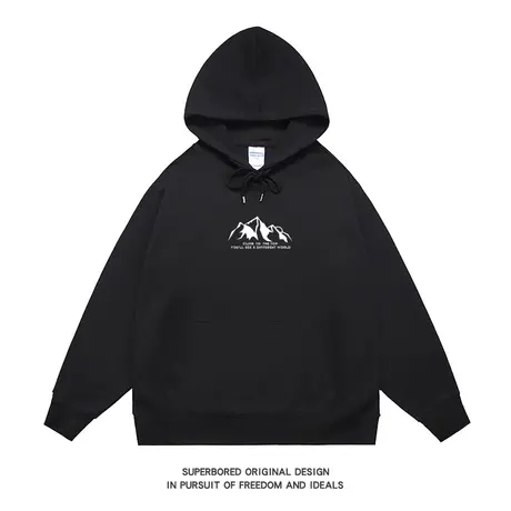 美式休闲复古山峰印花卫衣男连帽秋冬款宽松套头上衣休闲帽衫图片