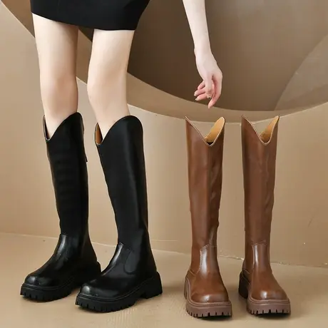 永希靴子女2023新款秋季韩系法式v口粗跟长筒靴女士爆款ins瘦瘦靴商品大图