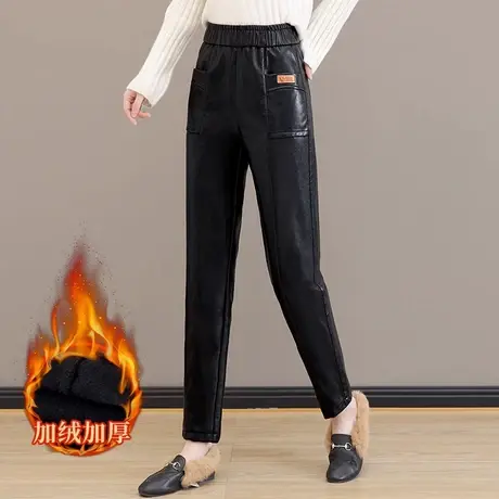 PU皮裤大码休闲裤2023冬款哈伦裤百搭加绒加厚高腰显瘦萝卜老爹裤图片