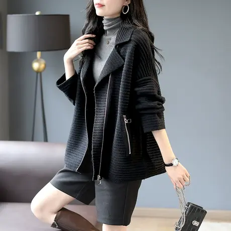 宝诗黎宽松翻领落肩针织短外套2023秋季新款时尚拉链开衫黑色上衣商品大图