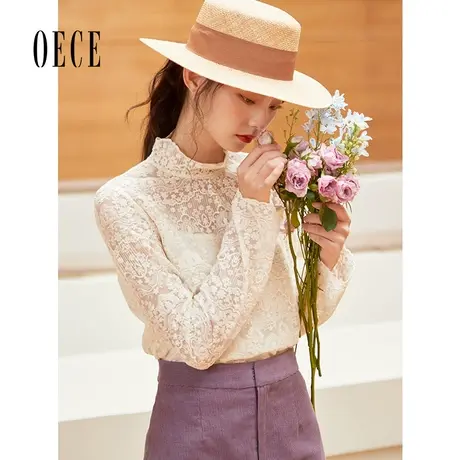 Oece秋装新款女装 奶霜蕾丝衫温柔优雅立领长袖衬衫气质上衣图片