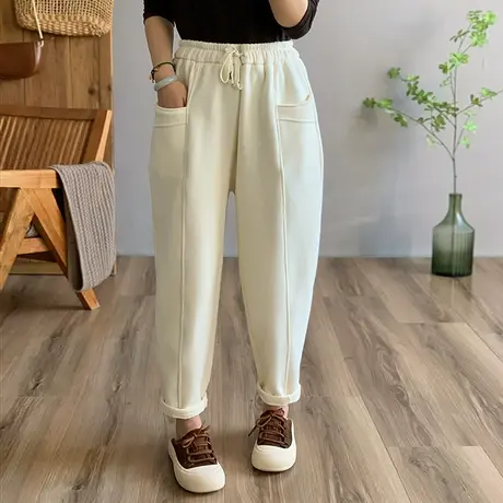 dza 高腰显瘦纯棉加厚卫裤加绒休闲哈伦裤子女冬外穿宽松直筒长裤图片