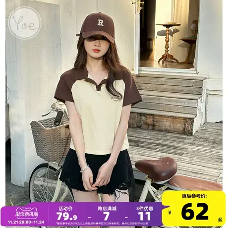 yoe美式复古小个子女士撞色上衣polo衫内搭别致短袖t恤女纯棉女装商品大图