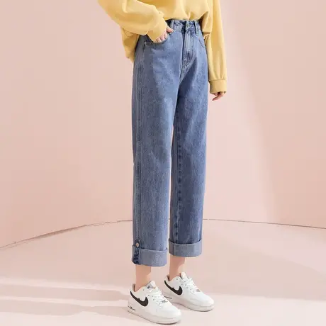 唐狮春夏季女牛仔裤宽松卷边小直筒裤子女显瘦阔腿裤高腰休闲秋图片