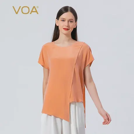 VOA真丝30姆米重磅粉色短袖不对称设计圆领飘带做旧工艺桑蚕丝T恤图片