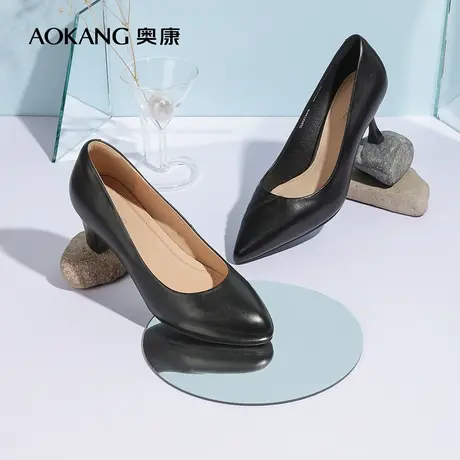 【门店发货】奥康女鞋秋气质优雅女士真皮单鞋高跟鞋粗跟舒适百搭图片