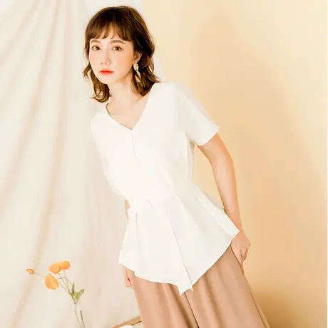 桔熊夏季通勤OL风雪纺衫纯色双层腰带V领短袖上衣女大码AB15881商品大图