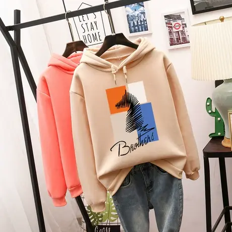 2024年新款韩版宽松连帽加绒加厚卫衣女装大码秋冬季百搭粉色外套商品大图