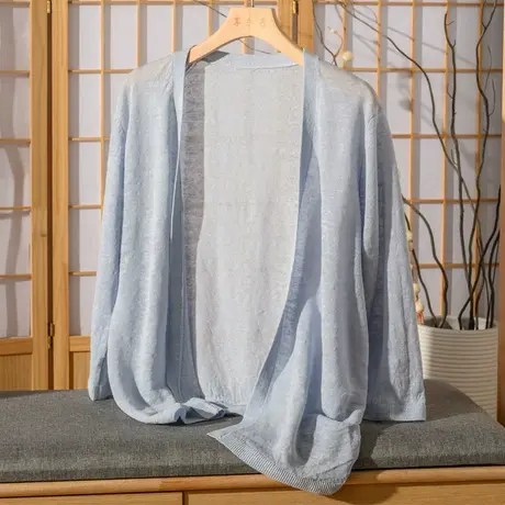 亚麻开衫女薄针织衫2022春夏新款棉麻文艺复古无扣空调衫女空调衫商品大图