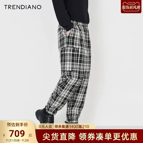 TRENDIANO官方复古格纹宽松休闲束脚裤工装长裤潮2023新款秋季商品大图