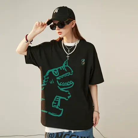 国潮设计感小恐龙短袖T恤男潮牌ins潮流可爱BF中性风宽松夏季半袖商品大图