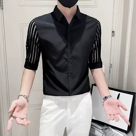 社会小伙个性镂空短袖衬衫男夏季网红韩版痞帅修身七分袖蕾丝衬衣商品大图