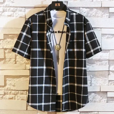 短袖衬衫男夏季新款ins潮牌青少年学生帅气格子寸衫翻领衣服衬衣商品大图