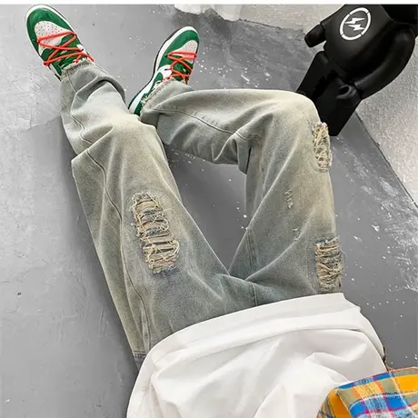 破洞牛仔裤男春季新款潮牌宽松运动休闲长裤子港风毛边做旧直筒裤商品大图