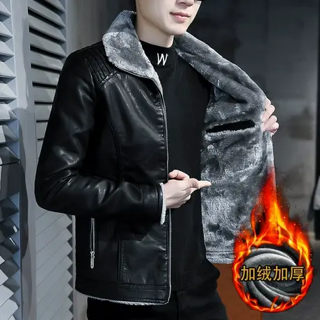 秋冬季新款男士皮衣加绒加厚韩版休闲潮流机车皮夹克男装帅气外套商品大图