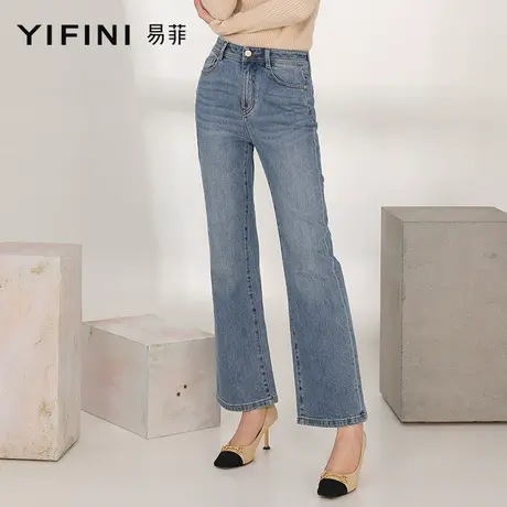 Yifini/易菲蓝色做旧直筒微喇牛仔裤女春秋新款高腰显瘦裤子商品大图
