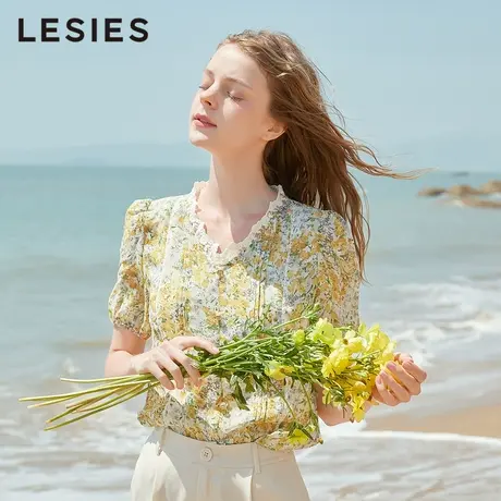 LESIES蓝色倾情夏装新款甜美V领碎花蕾丝雪纺衫短袖减龄洋气小衫商品大图