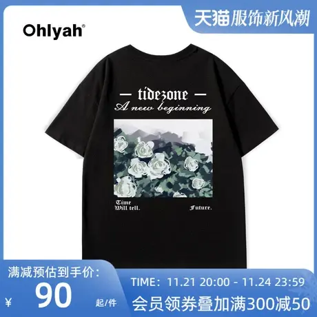 Ohlyah潮牌美式植物花卉花海印花短袖T恤男女复古宽松半袖上衣ins图片