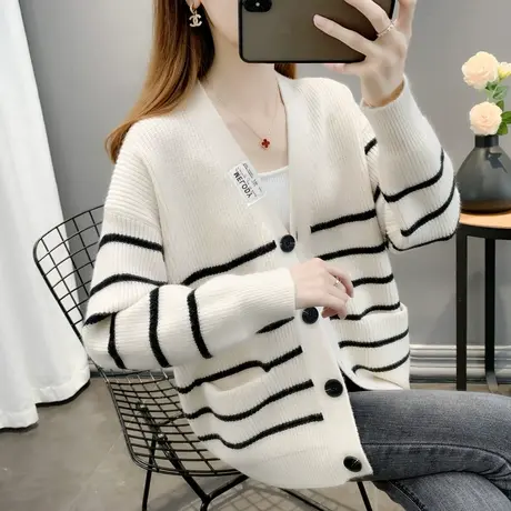 2024年新款日系复古慵懒风设计感小众条纹针织衫开衫毛衣外套女商品大图