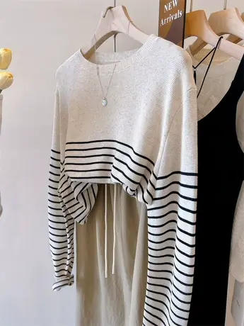 韩国 早秋新品 上下拼接圆领撞色条纹慵懒舒适透气亚麻针织衫上衣商品大图