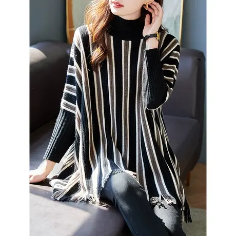 宝诗黎半高领竖条纹羊毛针织衫女宽松显瘦2023秋季新款套头毛衣女商品大图