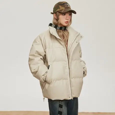 复古潮牌立领PU皮棉服女冬季加厚外套2023新款街头宽松面包服棉衣商品大图