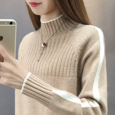 半高领毛衣女宽松外穿套头长袖夹色针织打底衫女商品大图