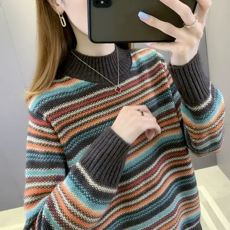 条纹毛衣女秋冬2023年新款爆款时尚洋气上衣宽松外穿半高领打底衫商品大图
