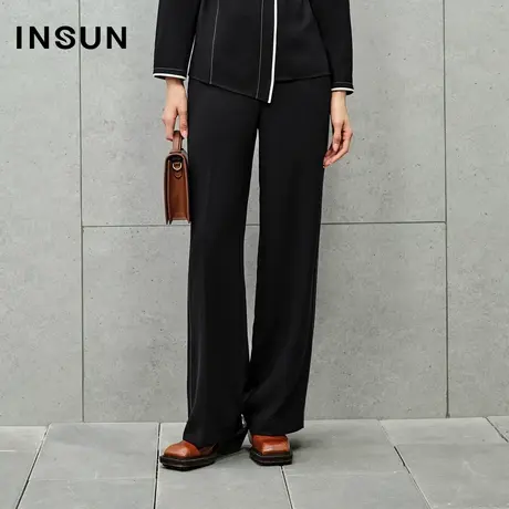 INSUN恩裳线上专选秋季黑白撞色休闲裤长直筒裤图片