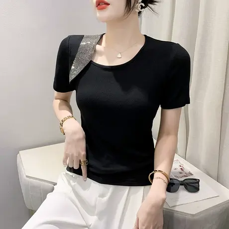 女装2024新款时尚烫钻T恤短袖设计感ins洋气百搭上衣修身斜领小衫图片