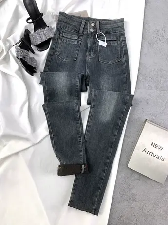 两粒扣小口袋加绒牛仔小脚裤女2023冬季新款小个子高腰弹力包臀裤商品大图