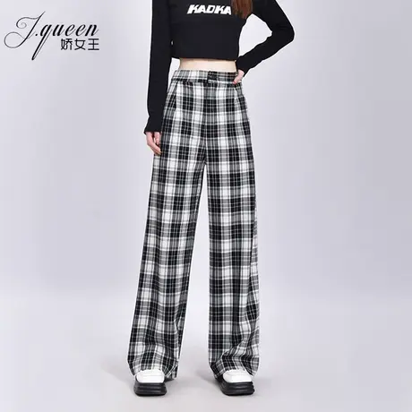格子阔腿裤女高腰垂感春季新款百搭复古格纹宽松显瘦直筒拖地长裤商品大图