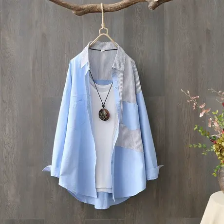 衬衫女设计感小众条纹拼接纯棉长袖宽松学生衬衣春秋薄外套上衣服商品大图