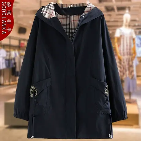 大码中年妈妈春秋风衣女200斤宽松洋气中长款连帽休闲中老年外套商品大图