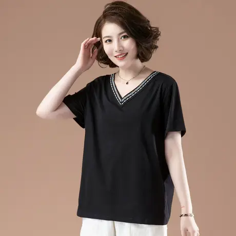 加肥加大码短袖T恤女夏季宽松纯棉V领体恤中年妈妈显瘦遮肚半袖女图片