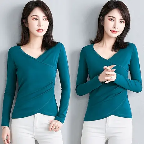孔雀蓝色v领长袖t恤女春秋季外穿内搭百搭上衣收腰修身显瘦打底衫商品大图