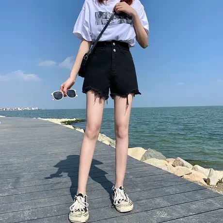 高腰牛仔短裤女夏宽松2023年新款薄显瘦网红辣妹A字毛边黑色热裤商品大图