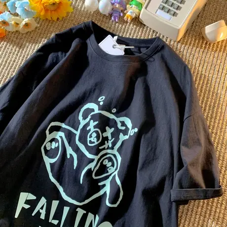 ins大码女装胖mm小熊T恤女夏季短袖上衣oversize设计感小众ins潮商品大图