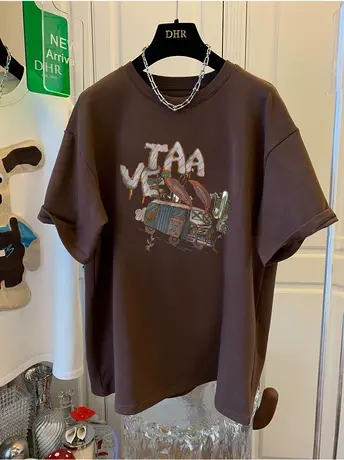 复古纯棉t恤女2023新款美式学院风短袖大码宽松ins潮半袖圆领上衣商品大图