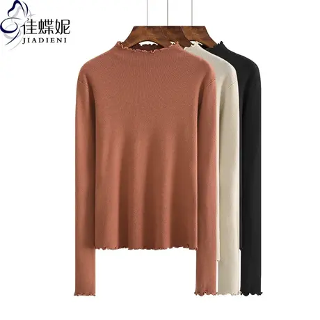 秋冬新款半高领荷叶边修身显瘦毛衣针织衫上衣内搭女打底衫长袖商品大图